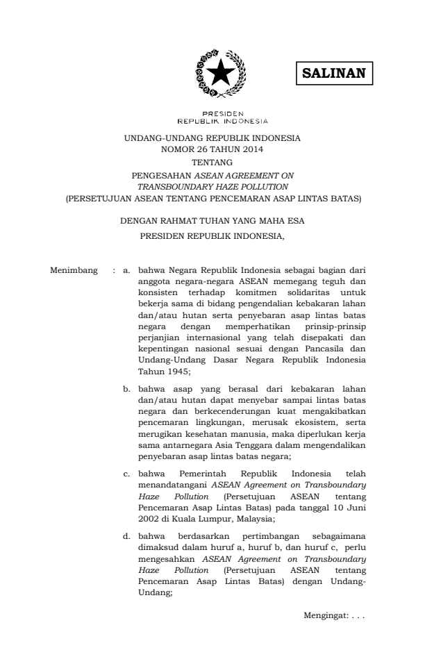 Undang-Undang Nomor 26 Tahun 2014