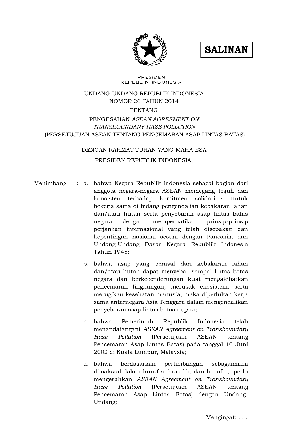Undang-Undang Nomor 26 Tahun 2014