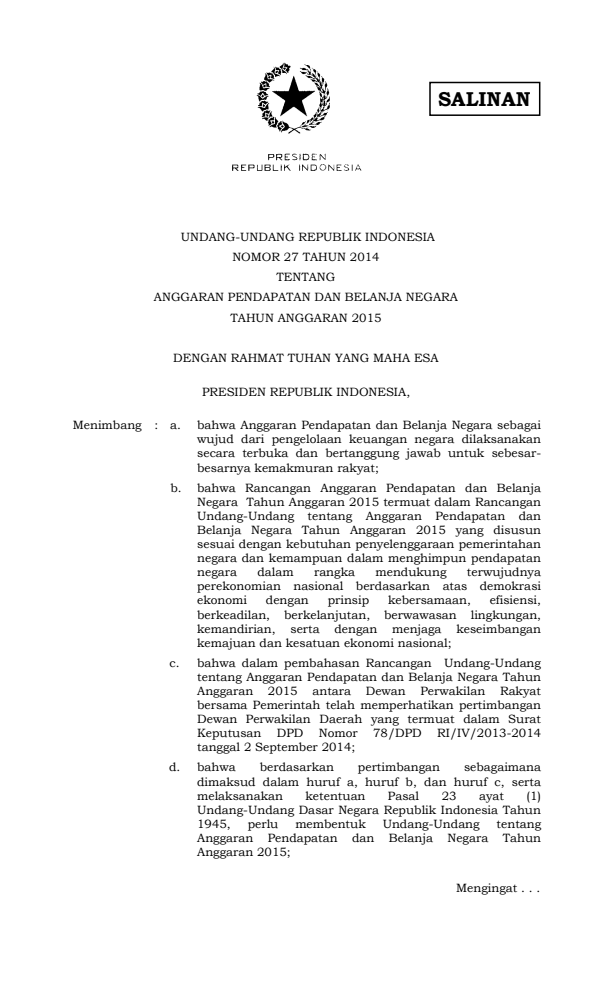 Undang-Undang Nomor 27 Tahun 2014