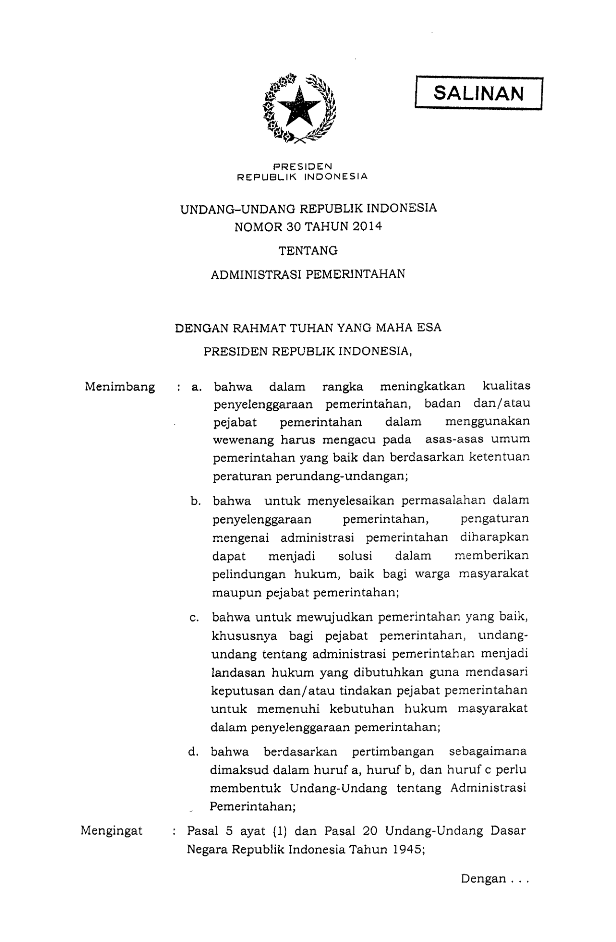 Undang-Undang Nomor 30 Tahun 2014