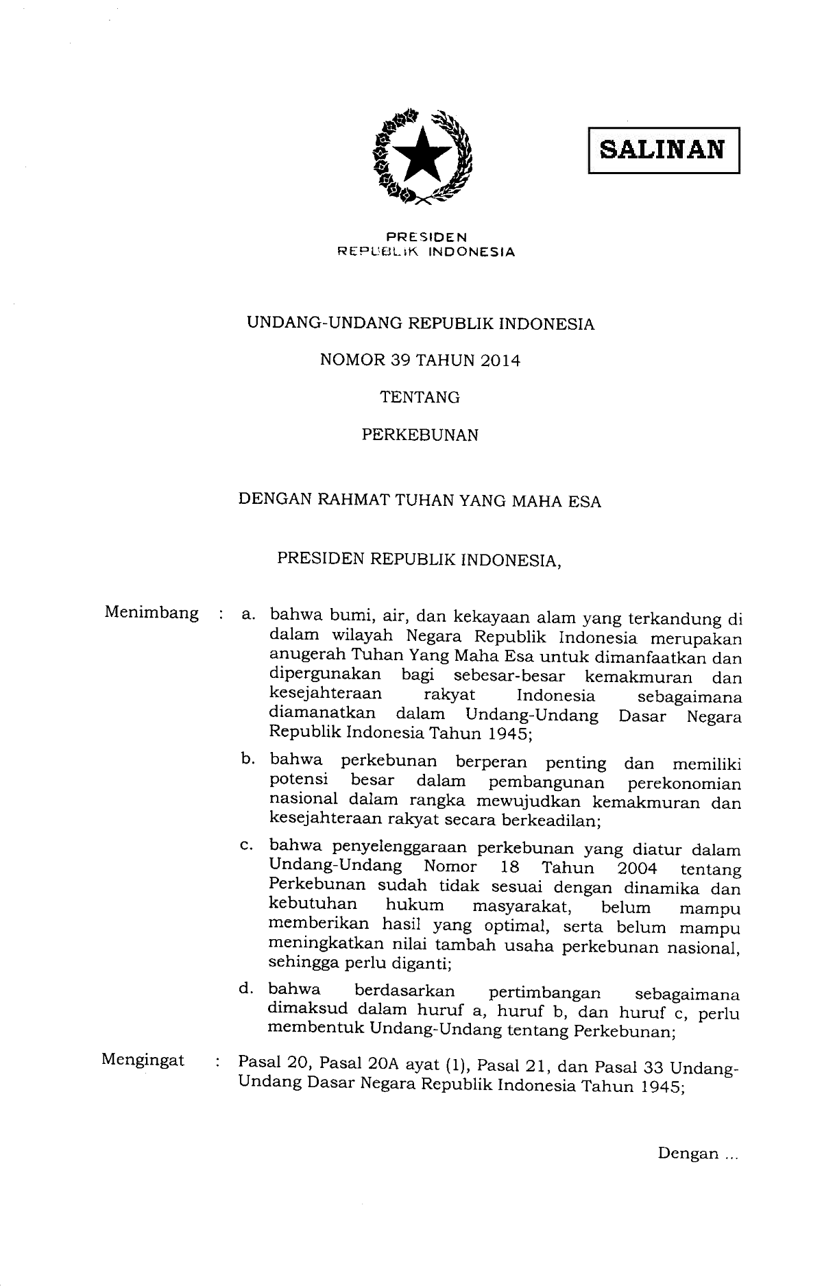 Undang-Undang Nomor 39 Tahun 2014