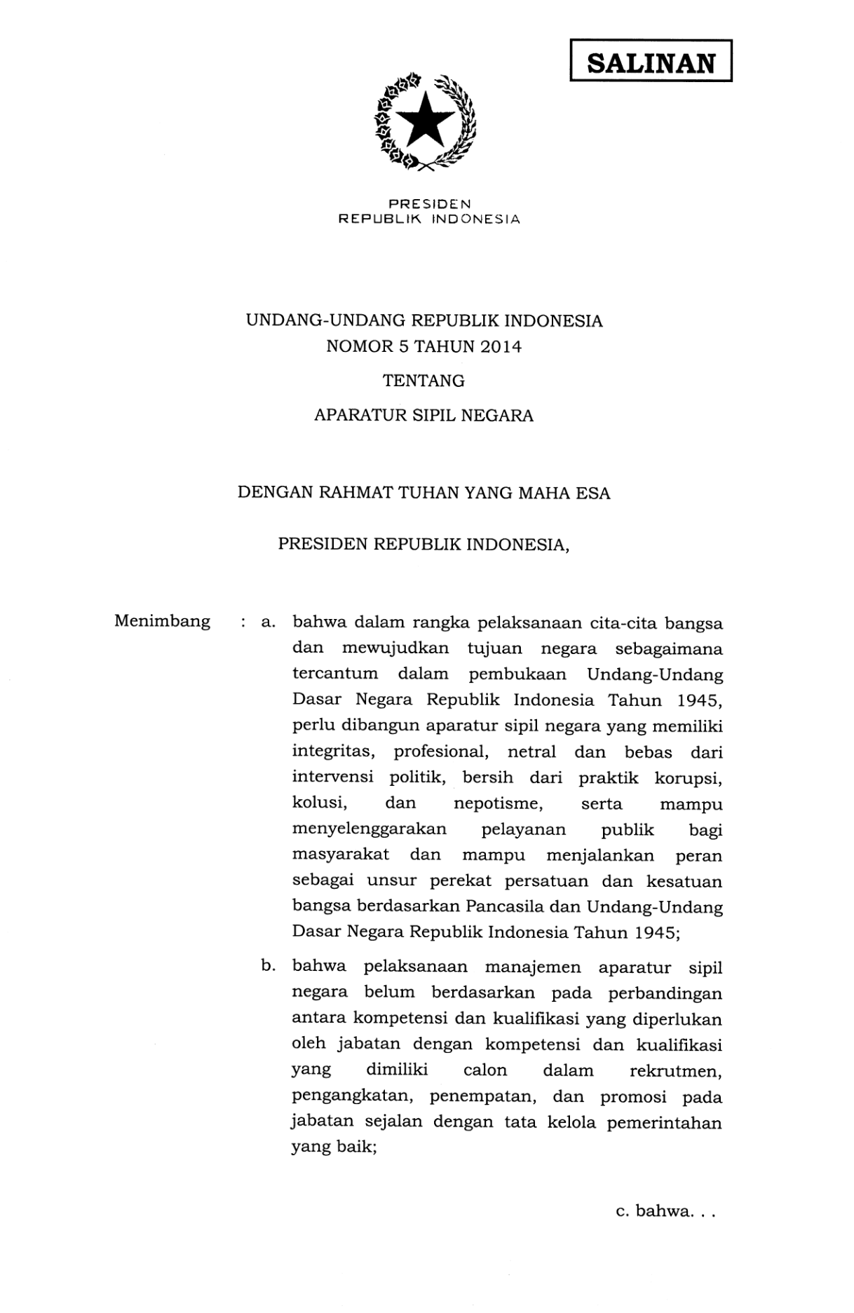 Undang-Undang Nomor 5 Tahun 2014
