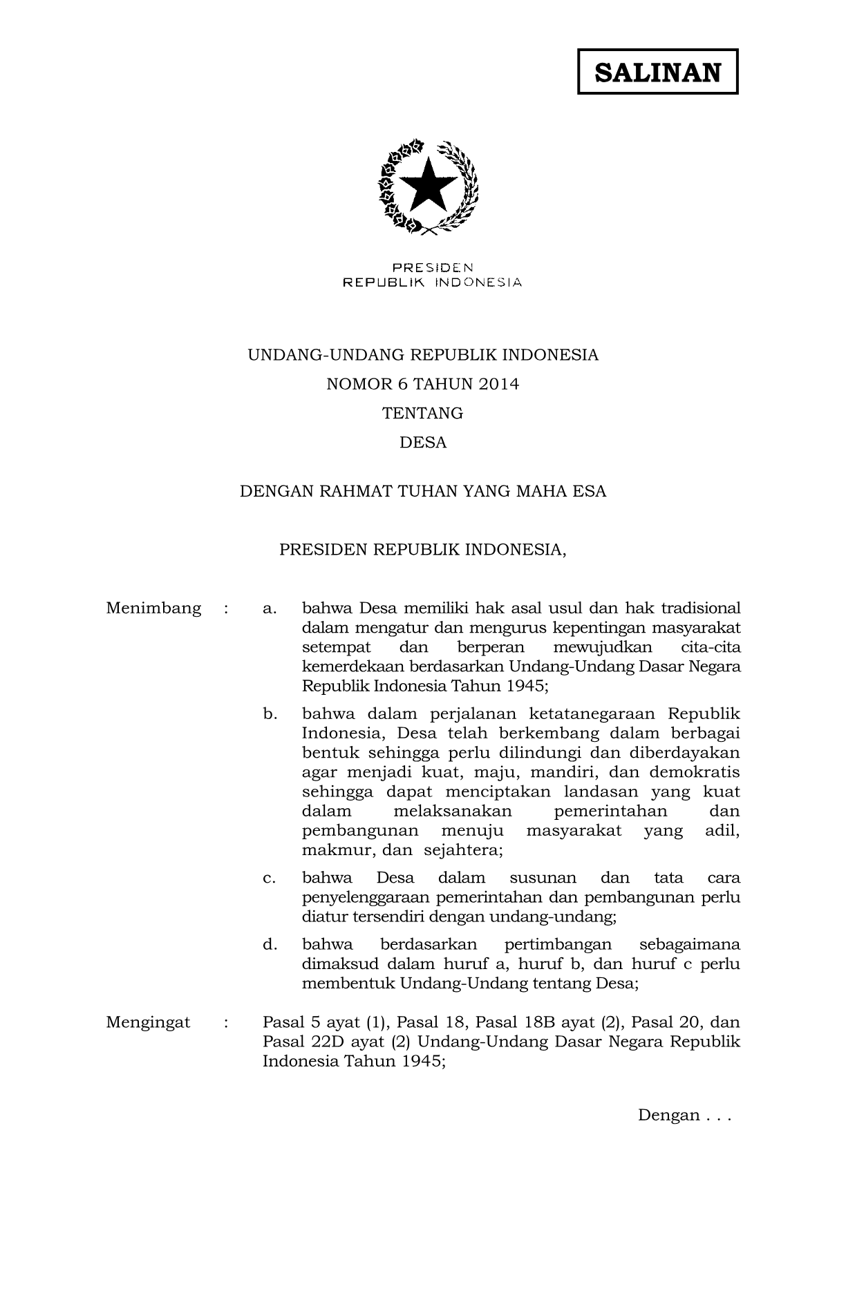 Undang-Undang Nomor 6 Tahun 2014