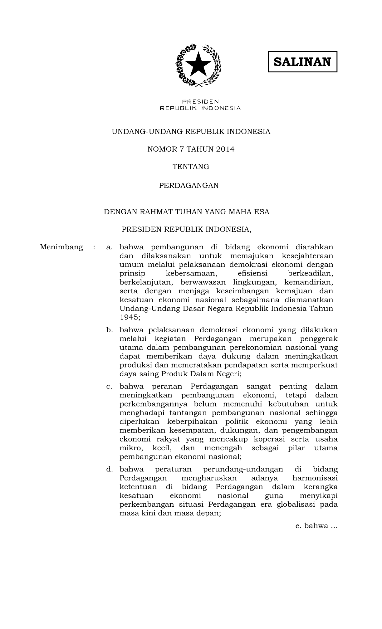 Undang-Undang Nomor 7 Tahun 2014