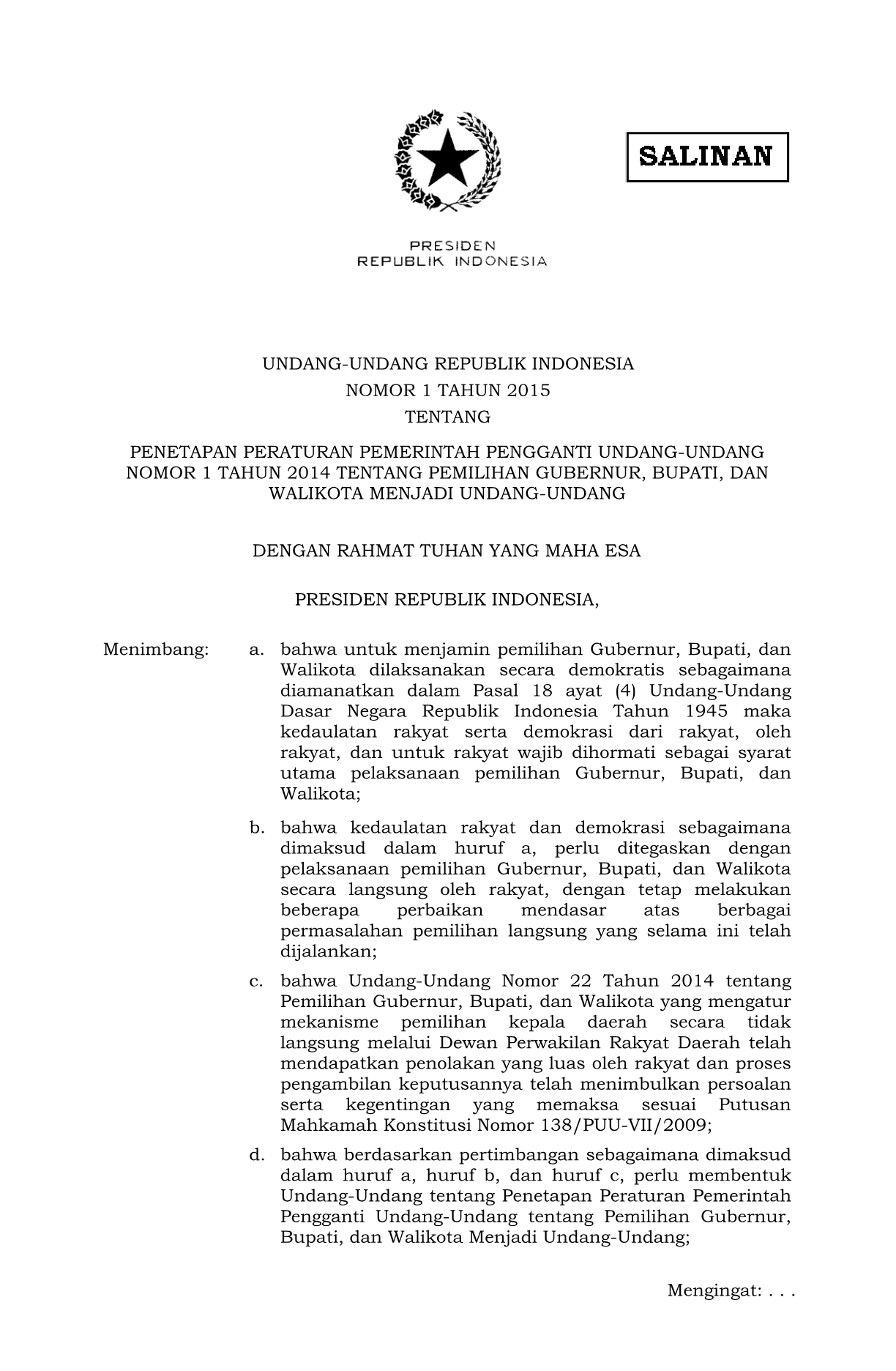 Undang-Undang Nomor 1 Tahun 2015