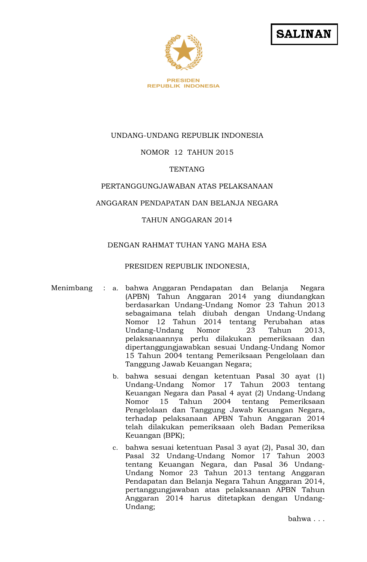 Undang-Undang Nomor 12 Tahun 2015
