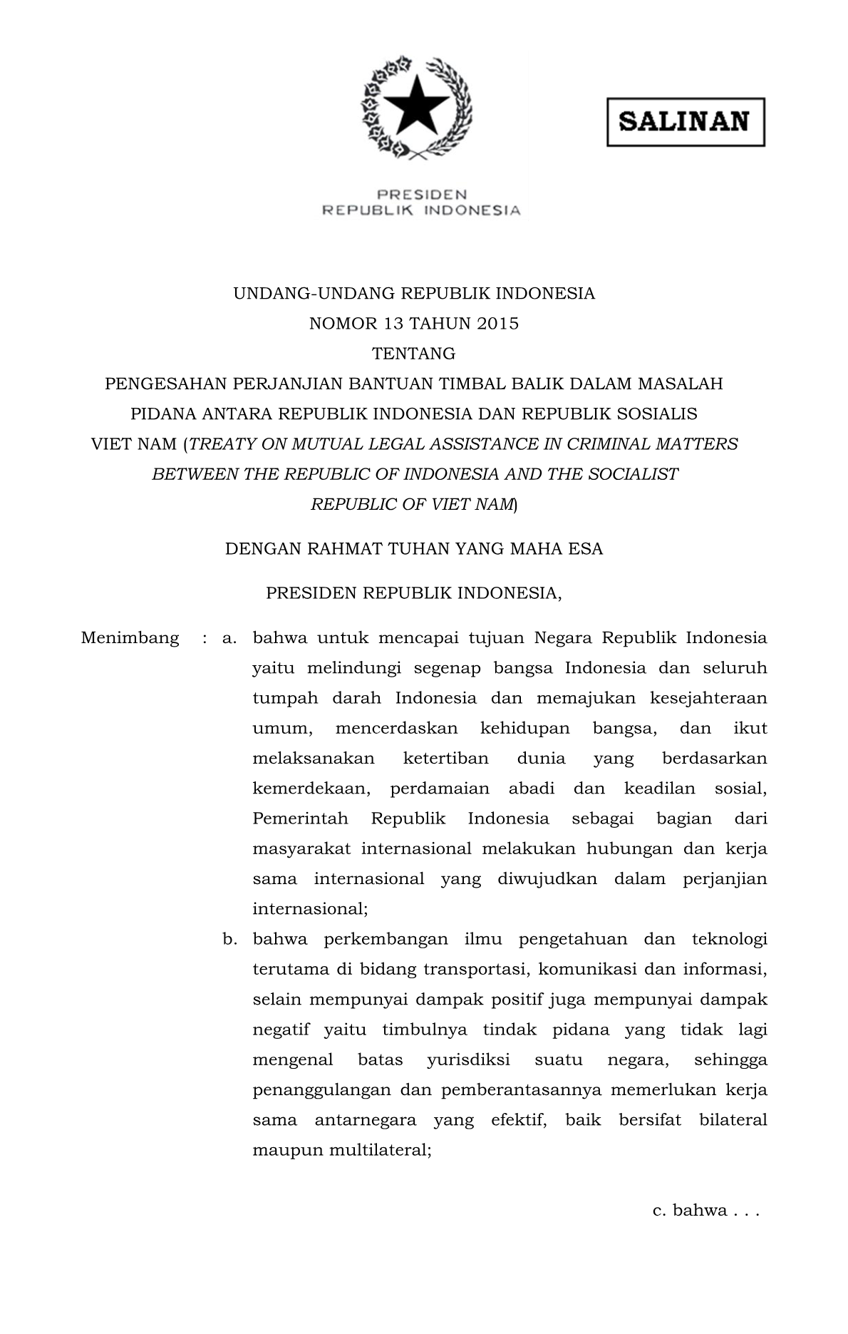 Undang-Undang Nomor 13 Tahun 2015