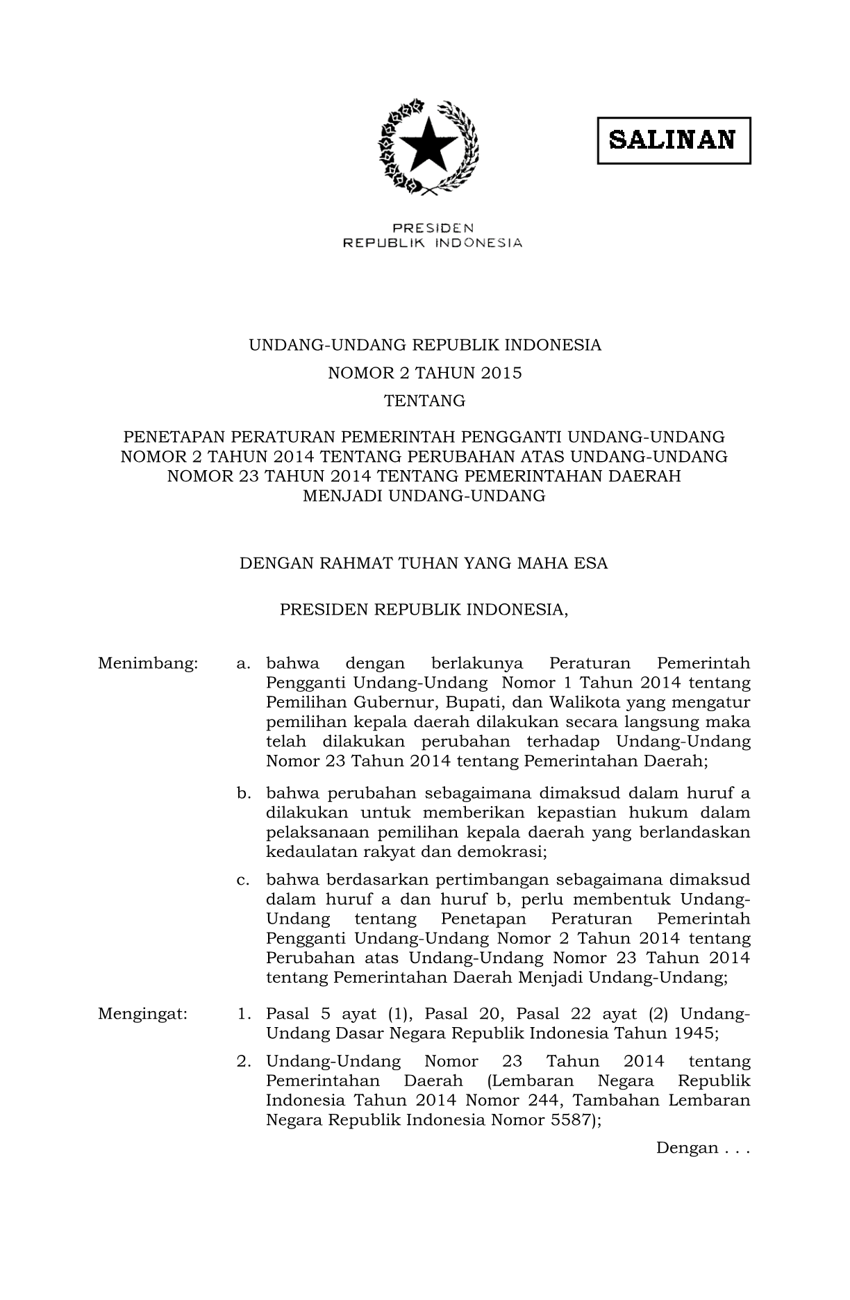 Undang-Undang Nomor 2 Tahun 2015