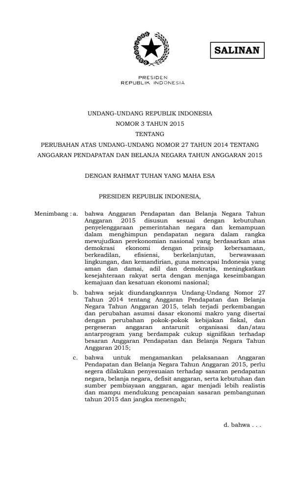 Undang-Undang Nomor 3 Tahun 2015