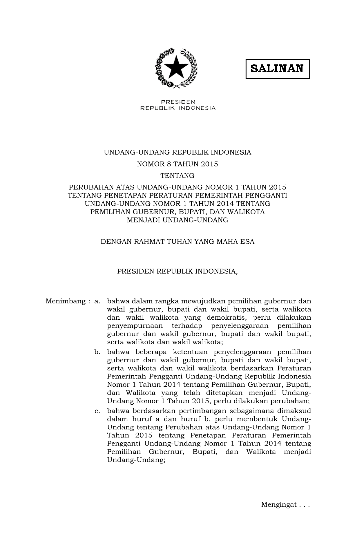 Undang-Undang Nomor 8 Tahun 2015