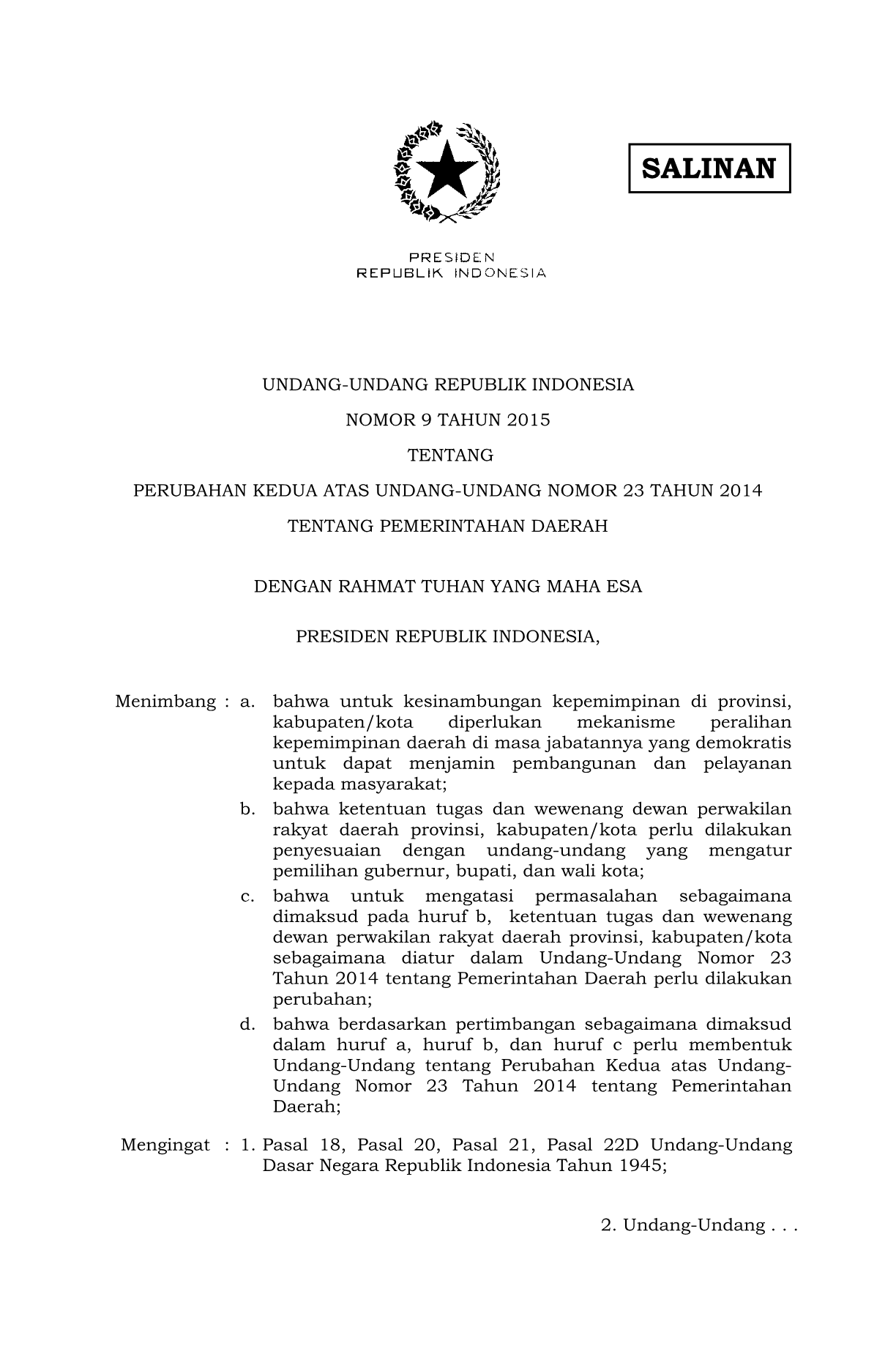 Undang-Undang Nomor 9 Tahun 2015