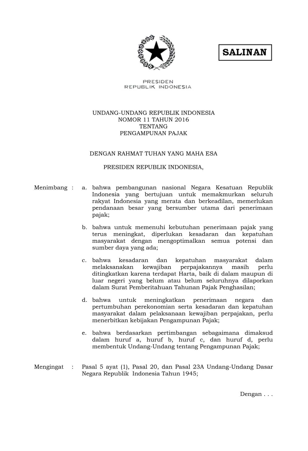 Undang-Undang Nomor 11 Tahun 2016