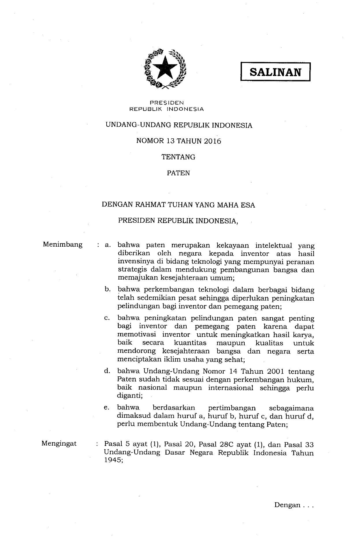 Undang-Undang Nomor 13 Tahun 2016