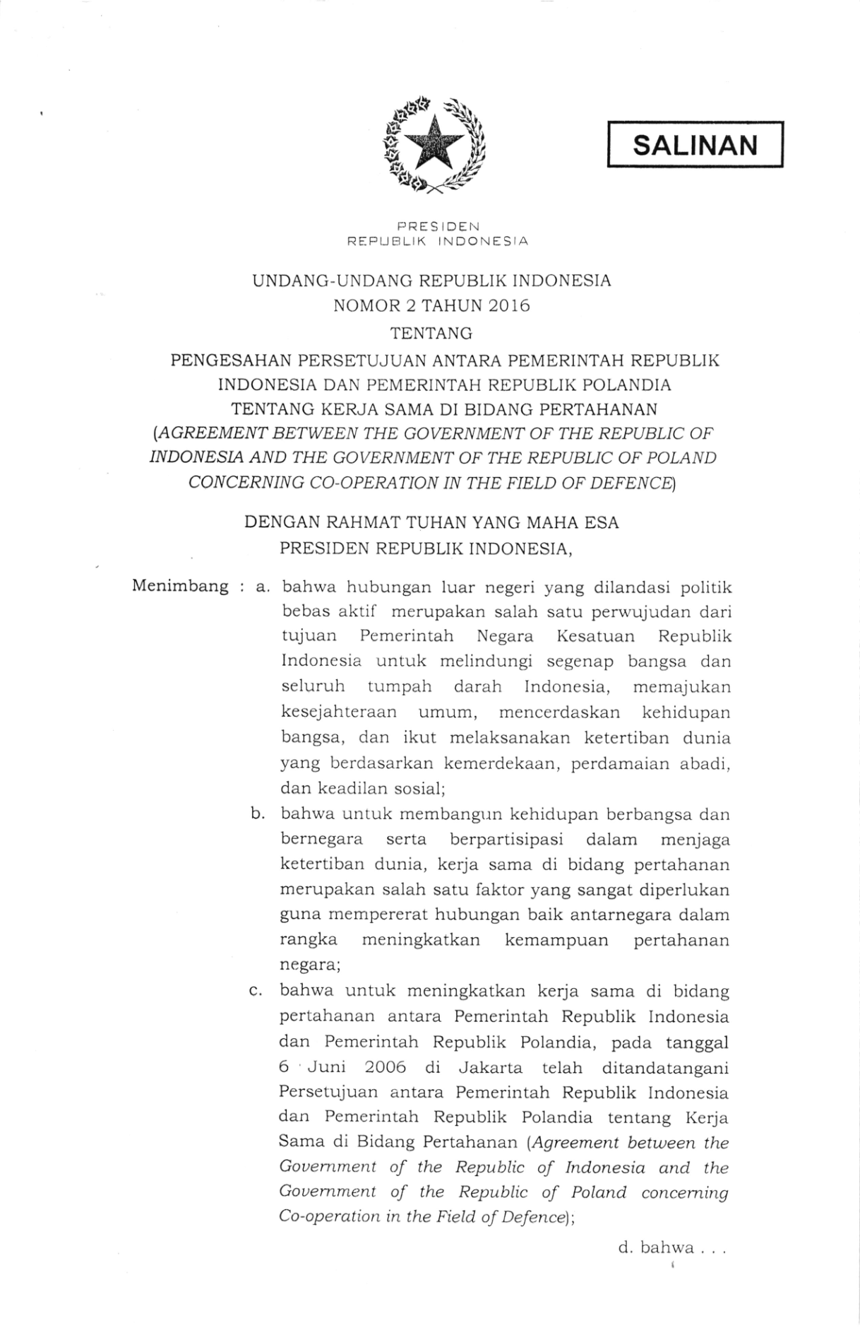 Undang-Undang Nomor 2 Tahun 2016