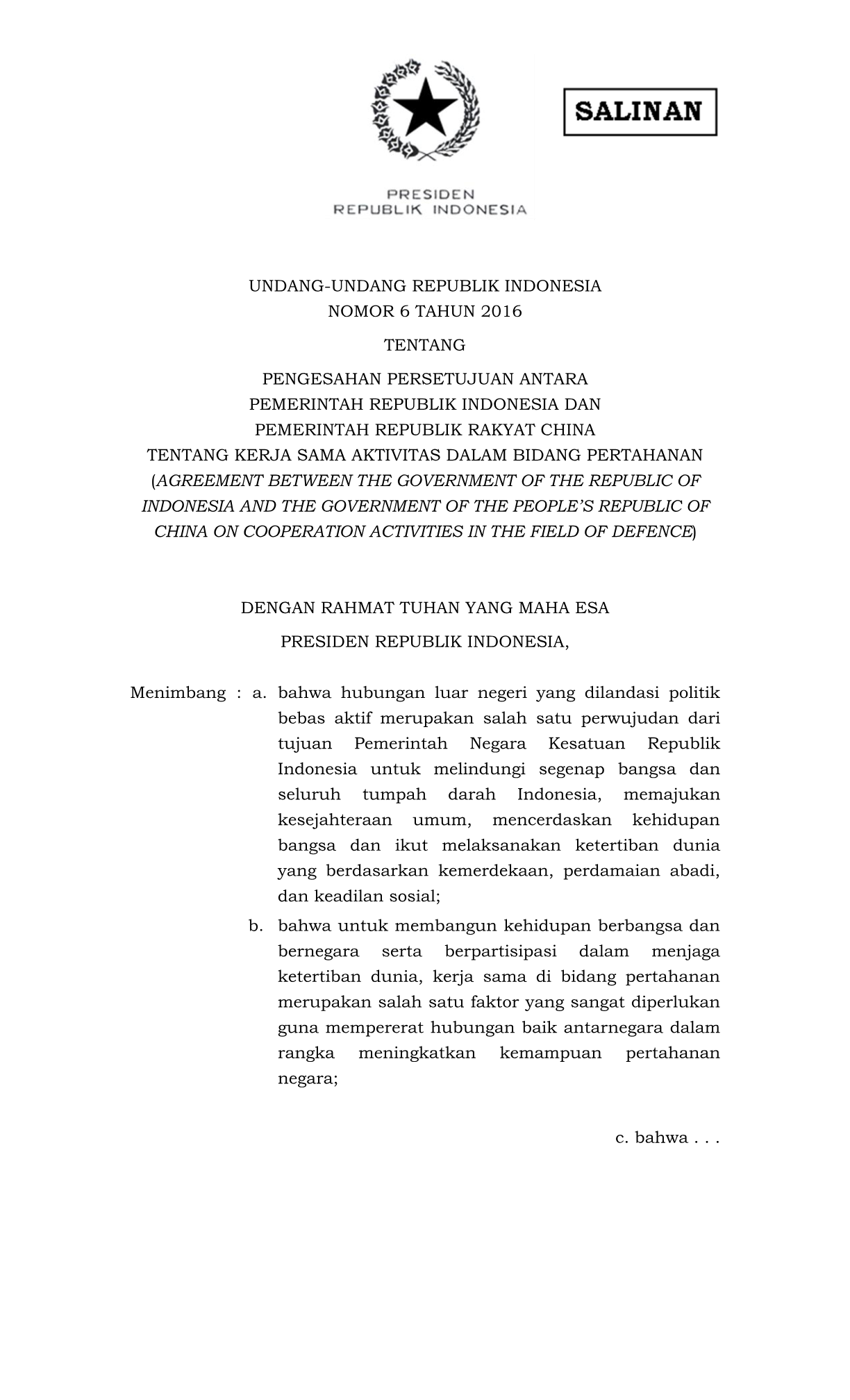 Undang-Undang Nomor 6 Tahun 2016