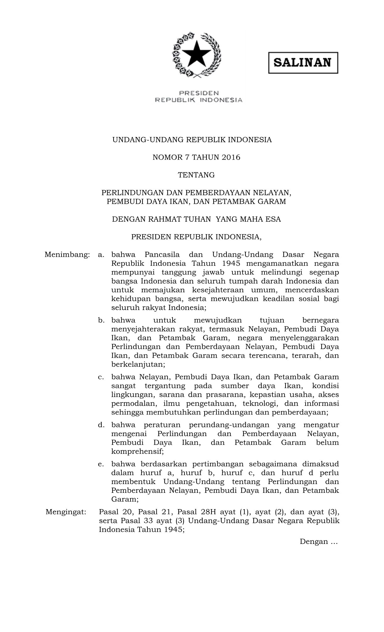 Undang-Undang Nomor 7 Tahun 2016