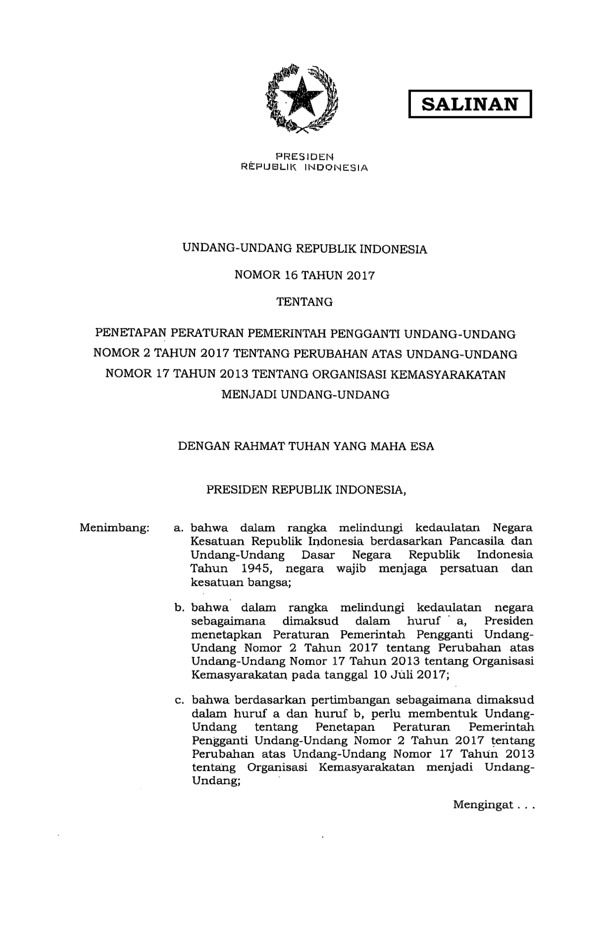 Undang-Undang Nomor 16 Tahun 2017