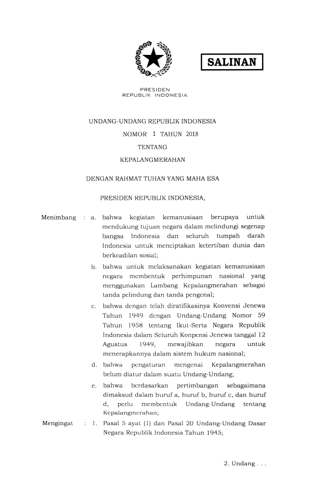 Undang-Undang Nomor 1 Tahun 2018