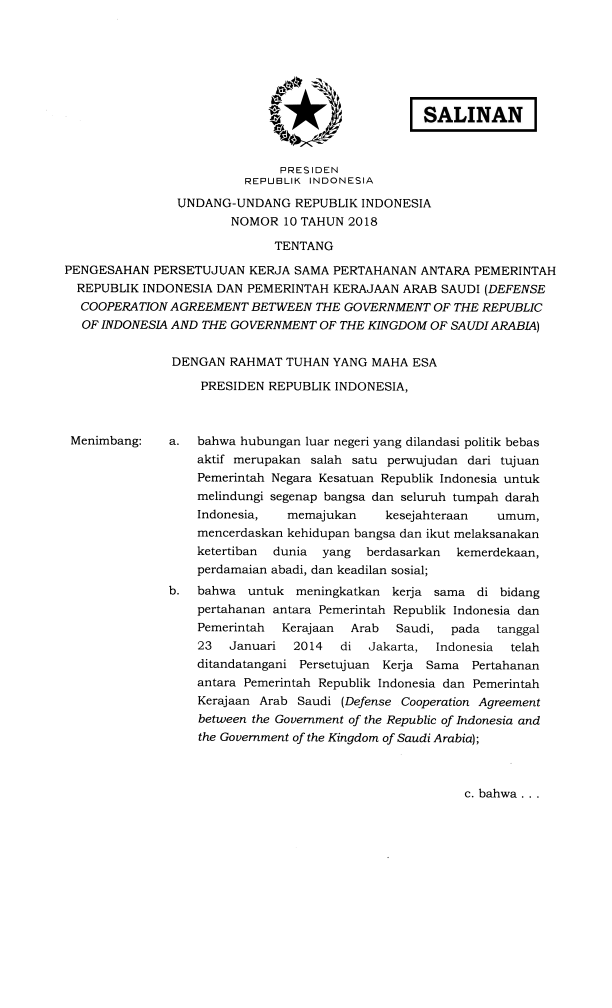 Undang-Undang Nomor 10 Tahun 2018