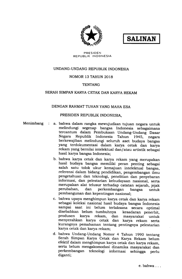 Undang-Undang Nomor 13 Tahun 2018