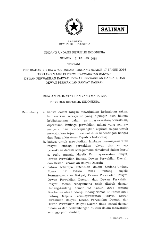 Undang-Undang Nomor 2 Tahun 2018