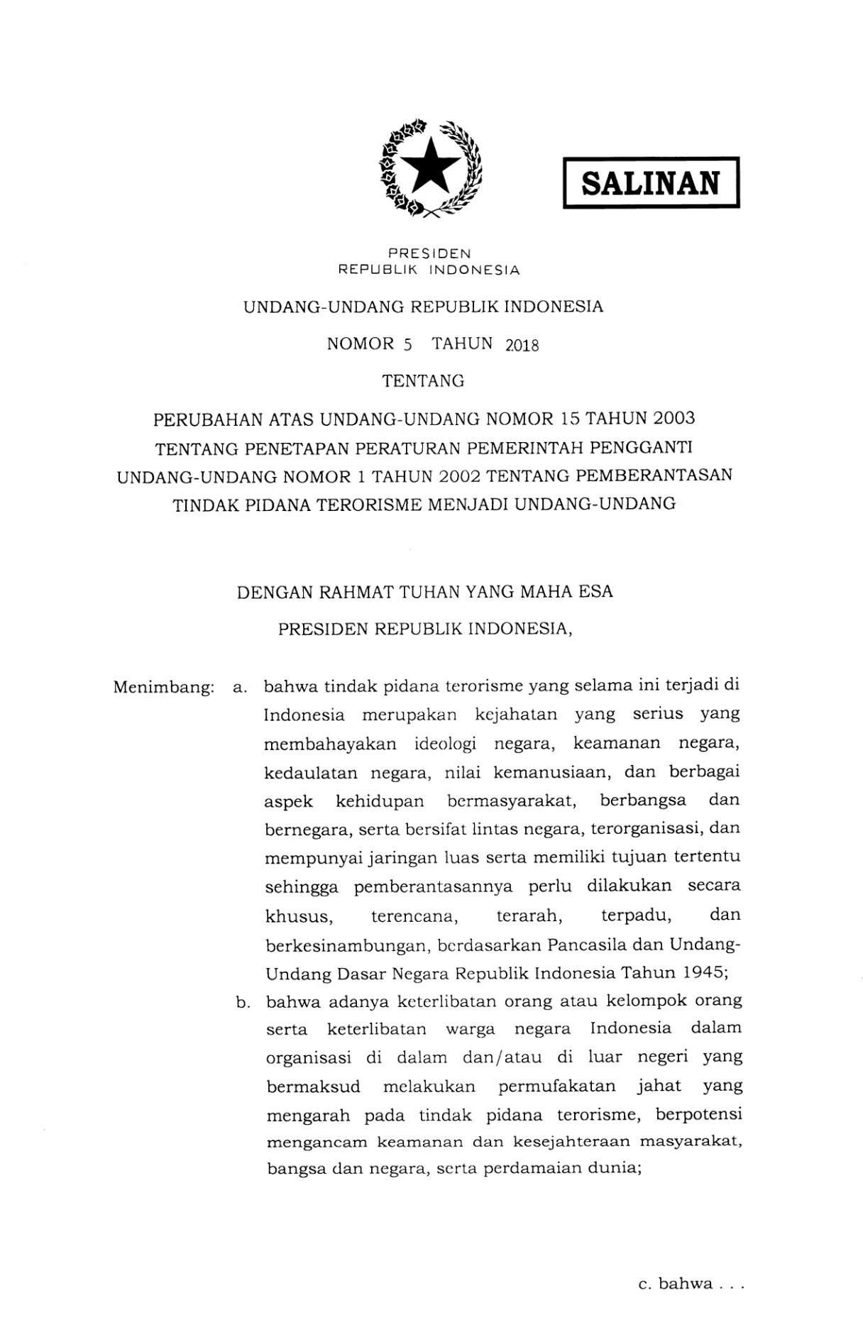 Undang-Undang Nomor 5 Tahun 2018