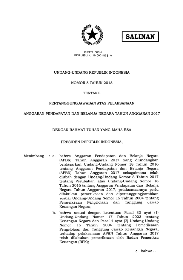 Undang-Undang Nomor 8 Tahun 2018