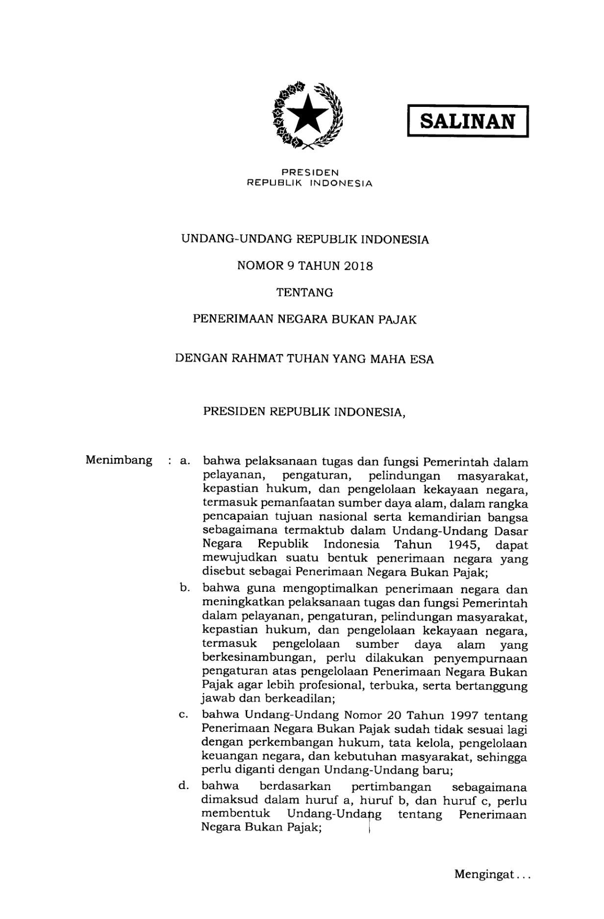 Undang-Undang Nomor 9 Tahun 2018