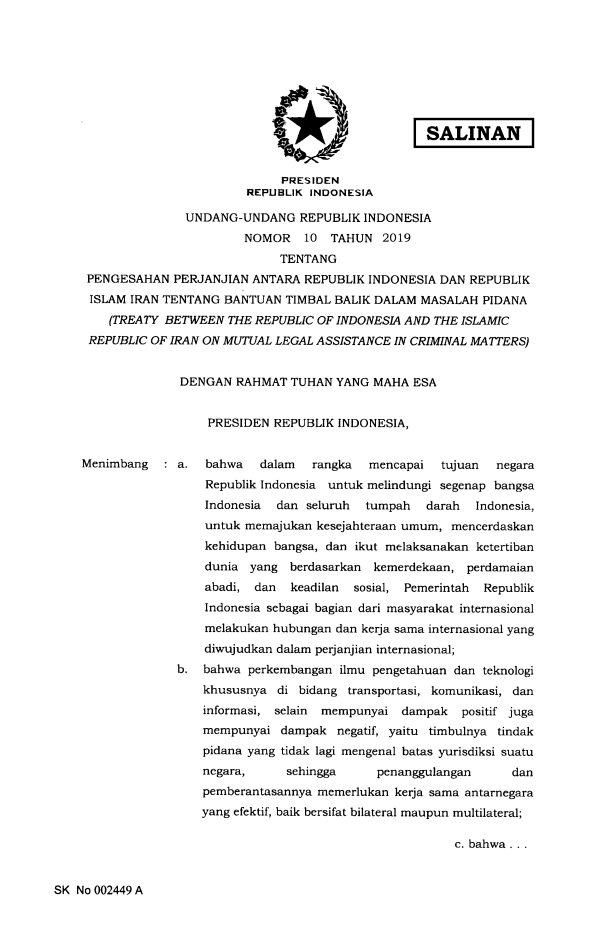 Undang-Undang Nomor 10 Tahun 2019