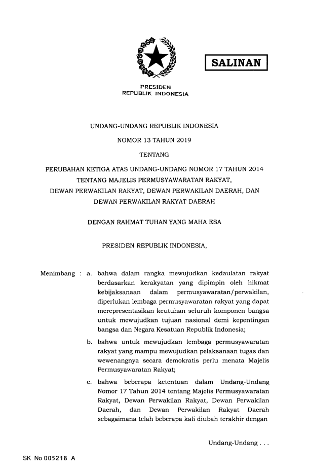 Undang-Undang Nomor 13 Tahun 2019