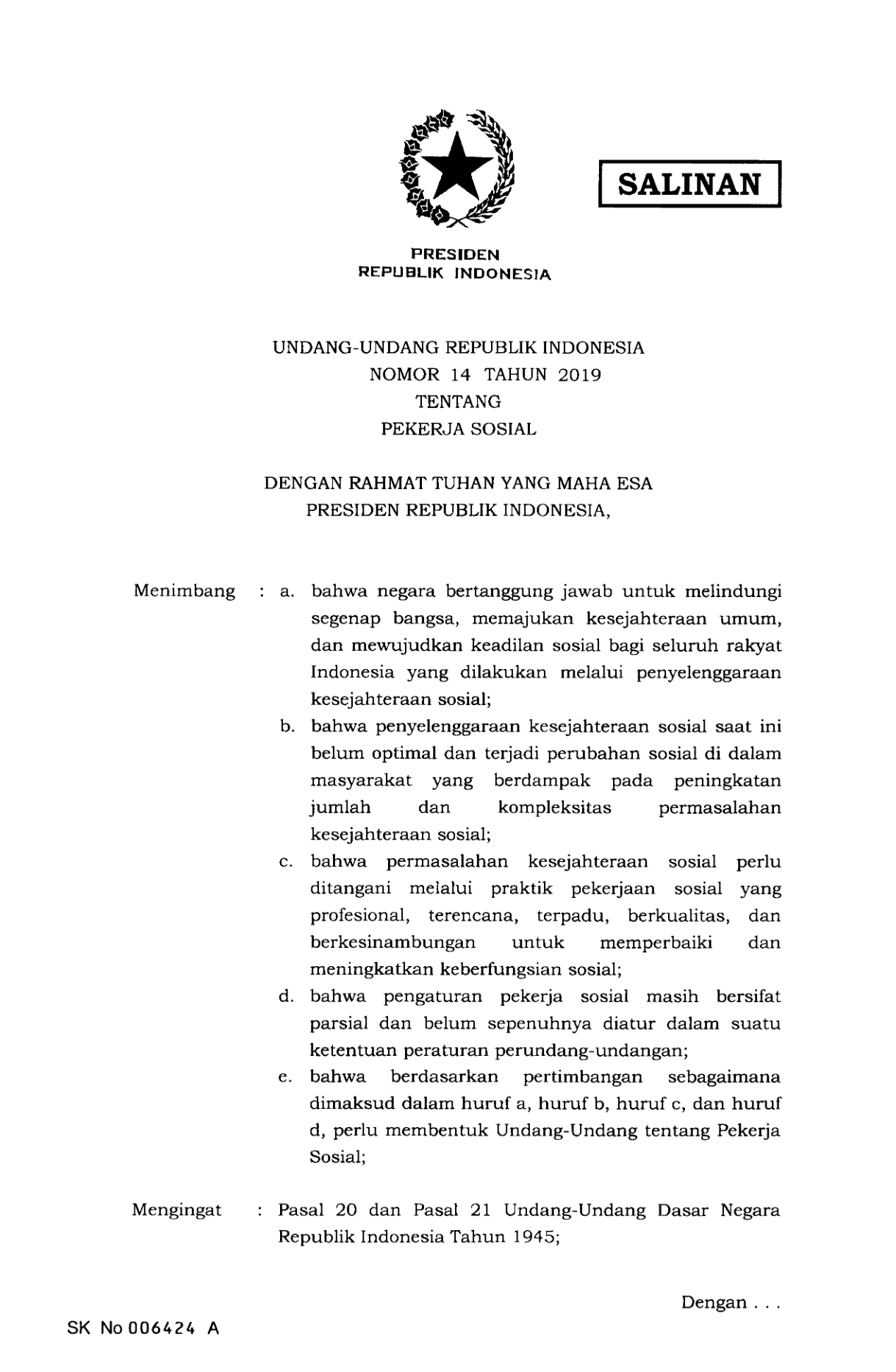 Undang-Undang Nomor 14 Tahun 2019