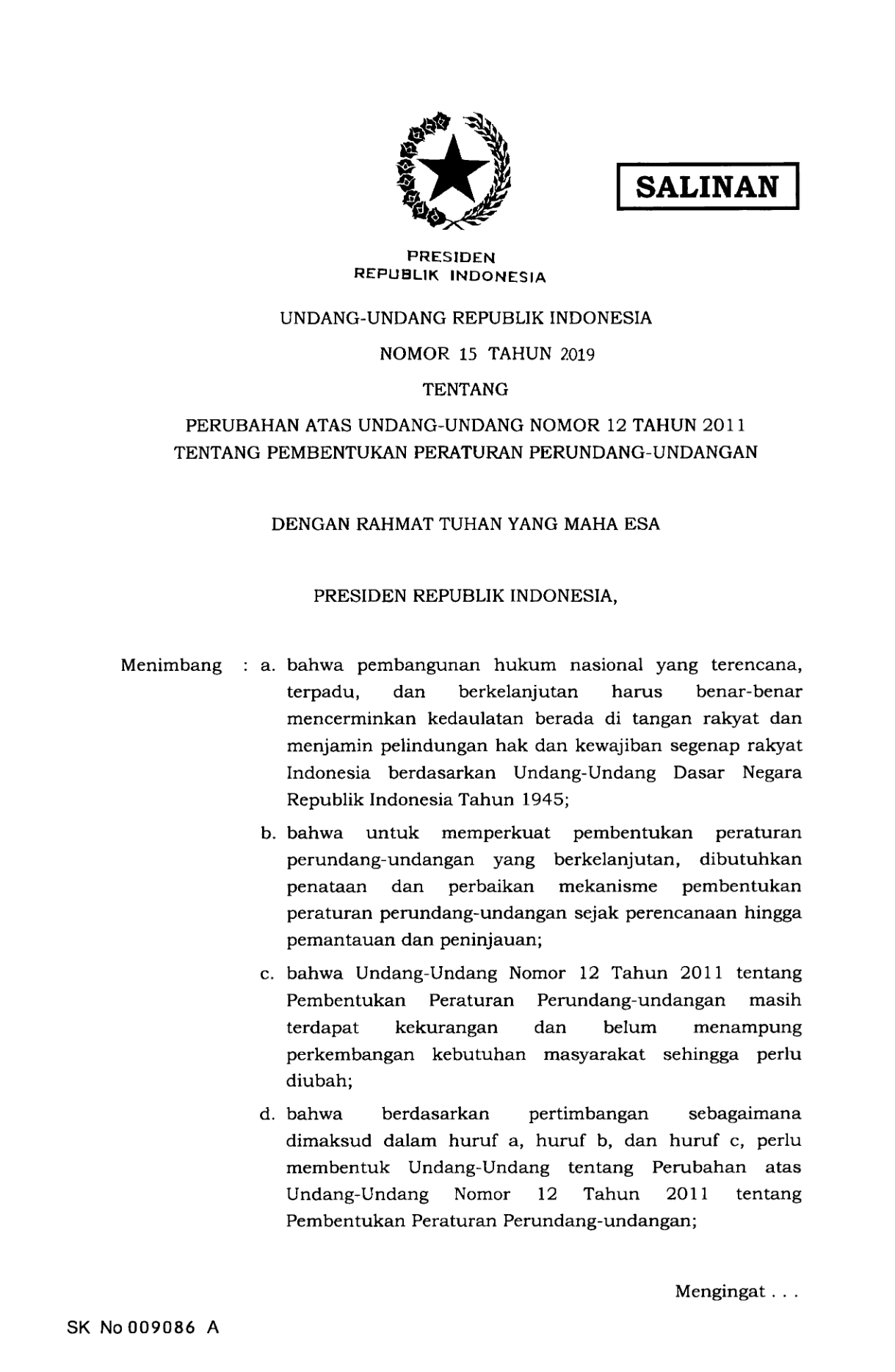 Undang-Undang Nomor 15 Tahun 2019