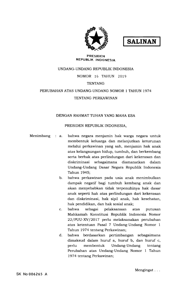 Undang-Undang Nomor 16 Tahun 2019