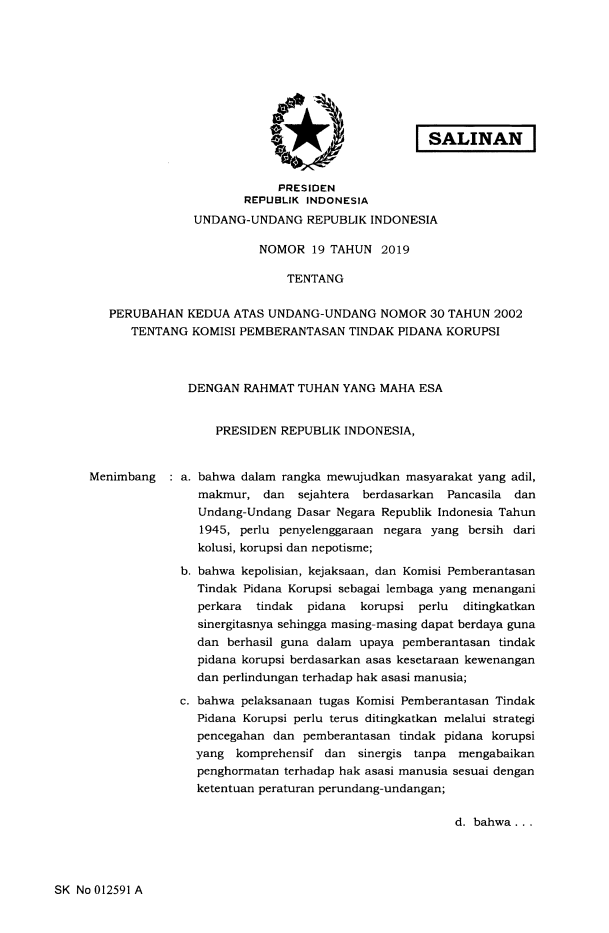 Undang-Undang Nomor 19 Tahun 2019