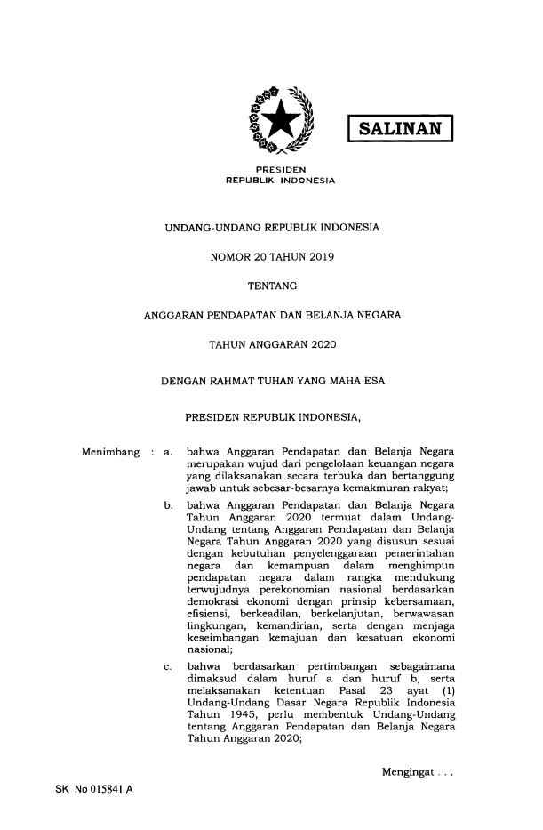 Undang-Undang Nomor 20 Tahun 2019