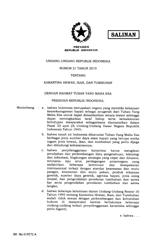 Undang-Undang Nomor 21 Tahun 2019