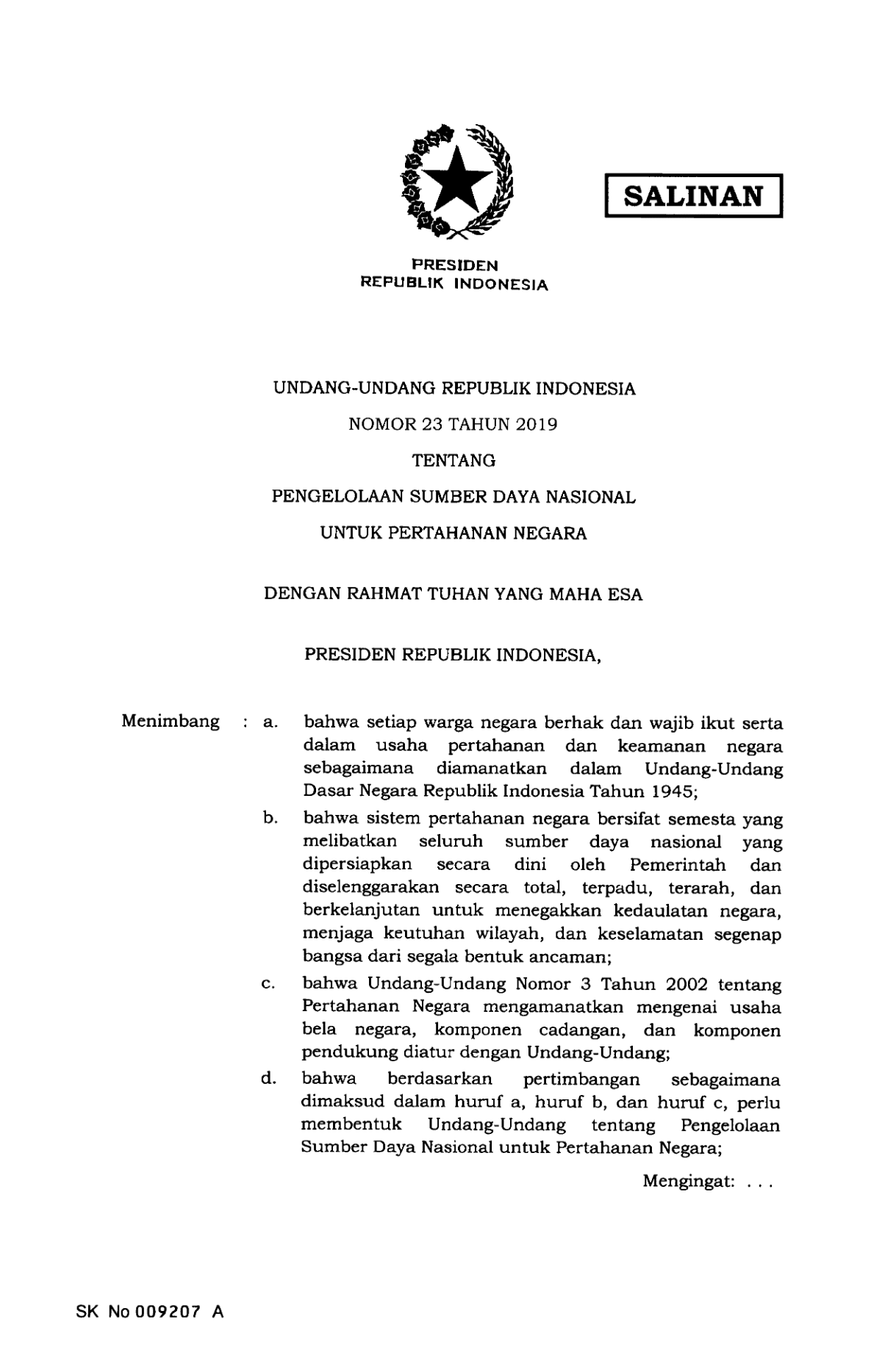Undang-Undang Nomor 23 Tahun 2019