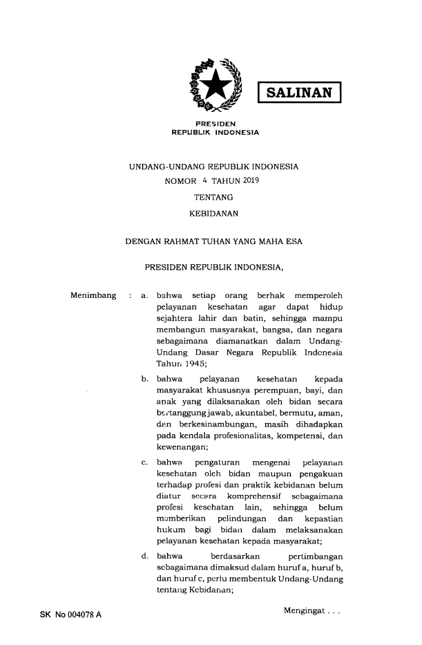 Undang-Undang Nomor 4 Tahun 2019