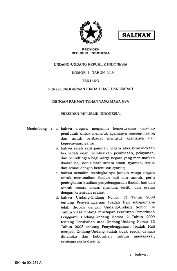 Undang-Undang Nomor 8 Tahun 2019