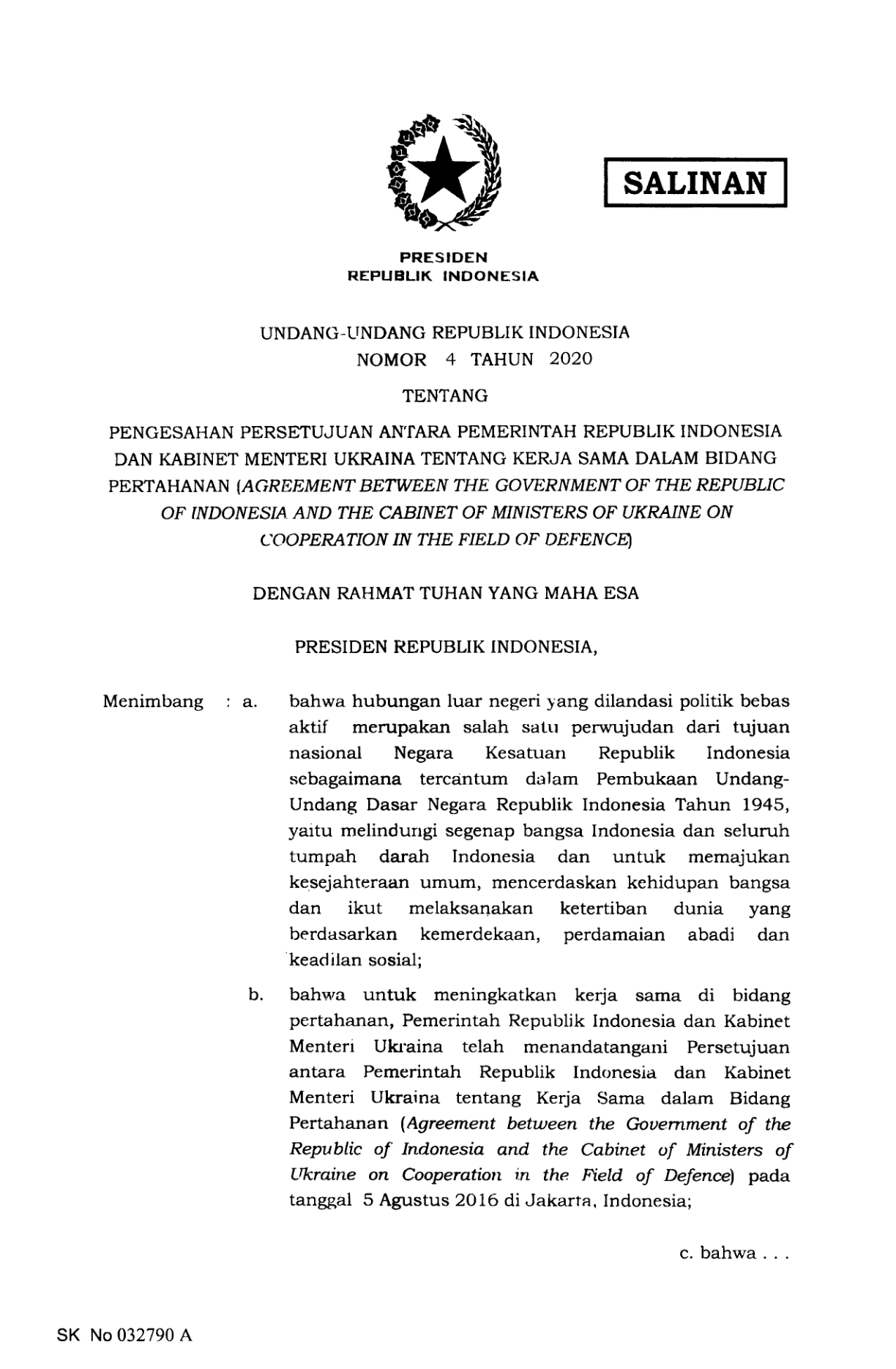 Undang-Undang Nomor 4 Tahun 2020