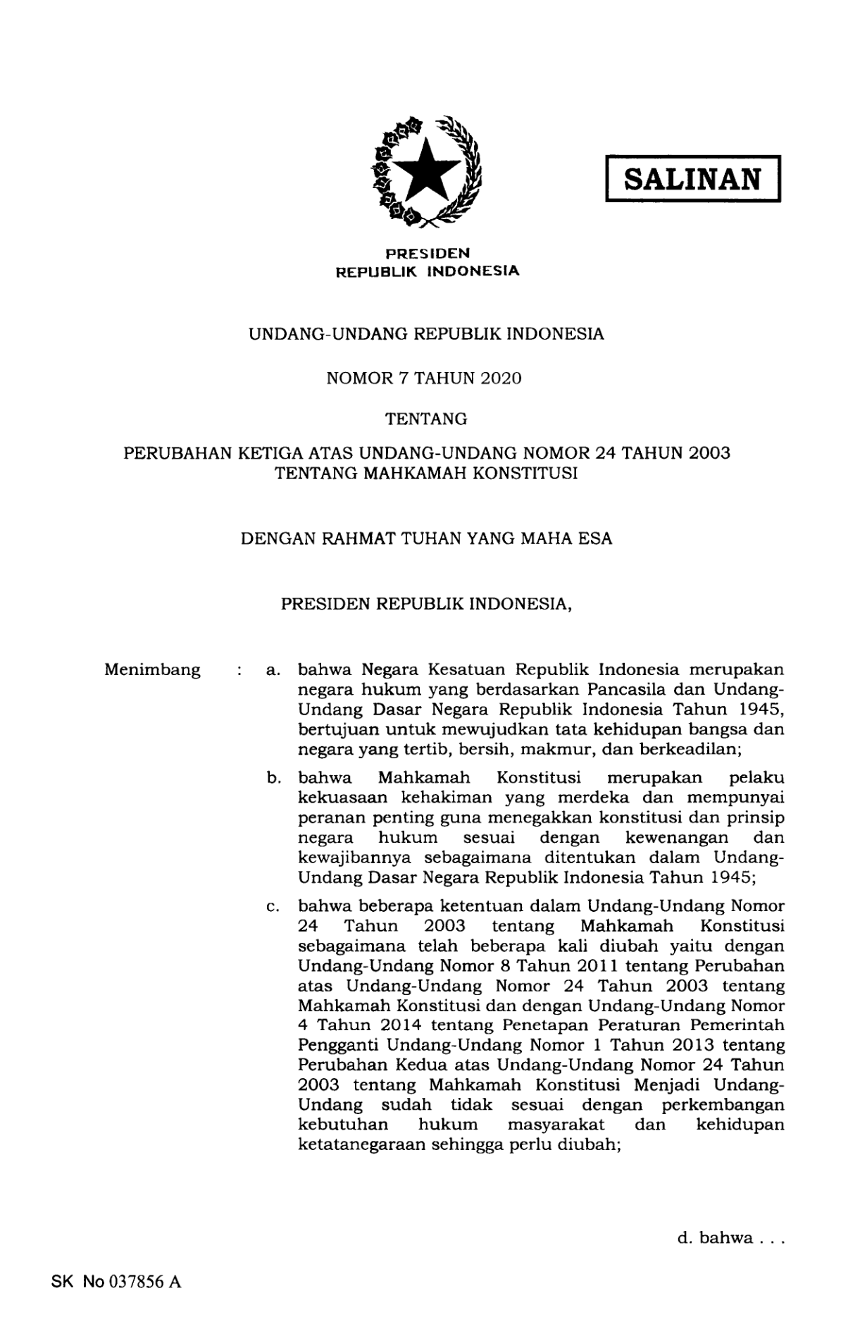 Undang-Undang Nomor 7 Tahun 2020