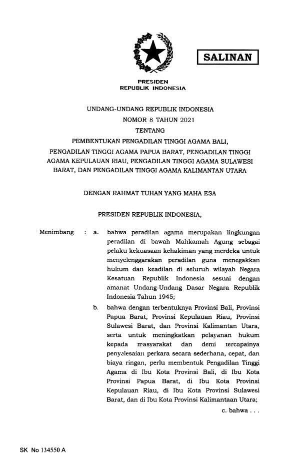 Undang-Undang Nomor 8 Tahun 2021