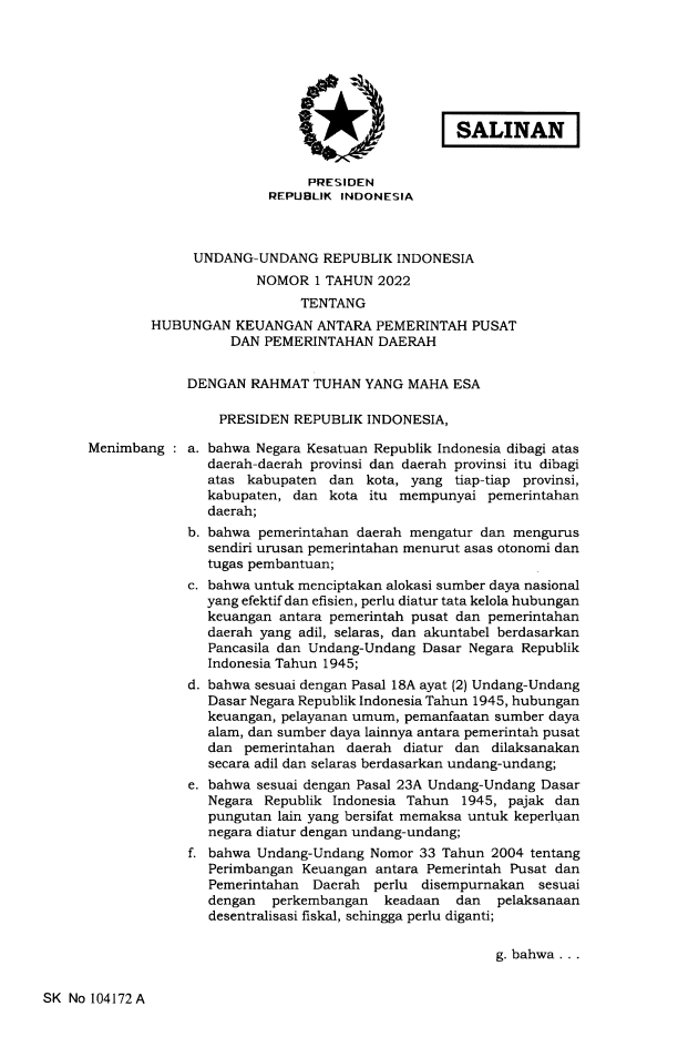 Undang-Undang Nomor 1 Tahun 2022