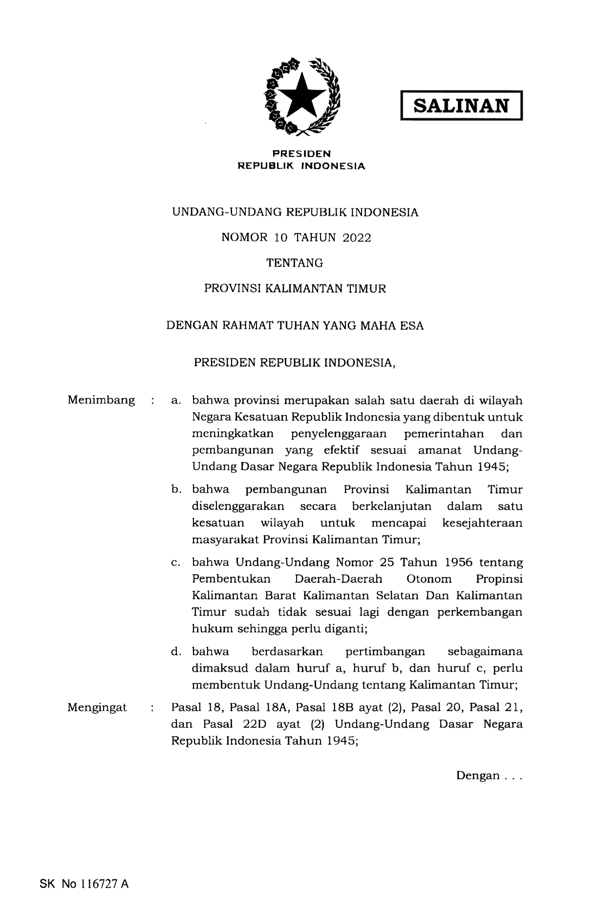 Undang-Undang Nomor 10 Tahun 2022