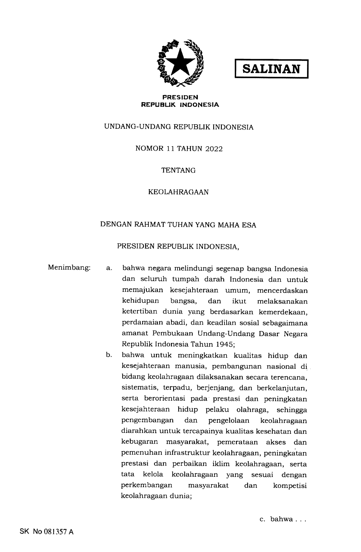 Undang-Undang Nomor 11 Tahun 2022