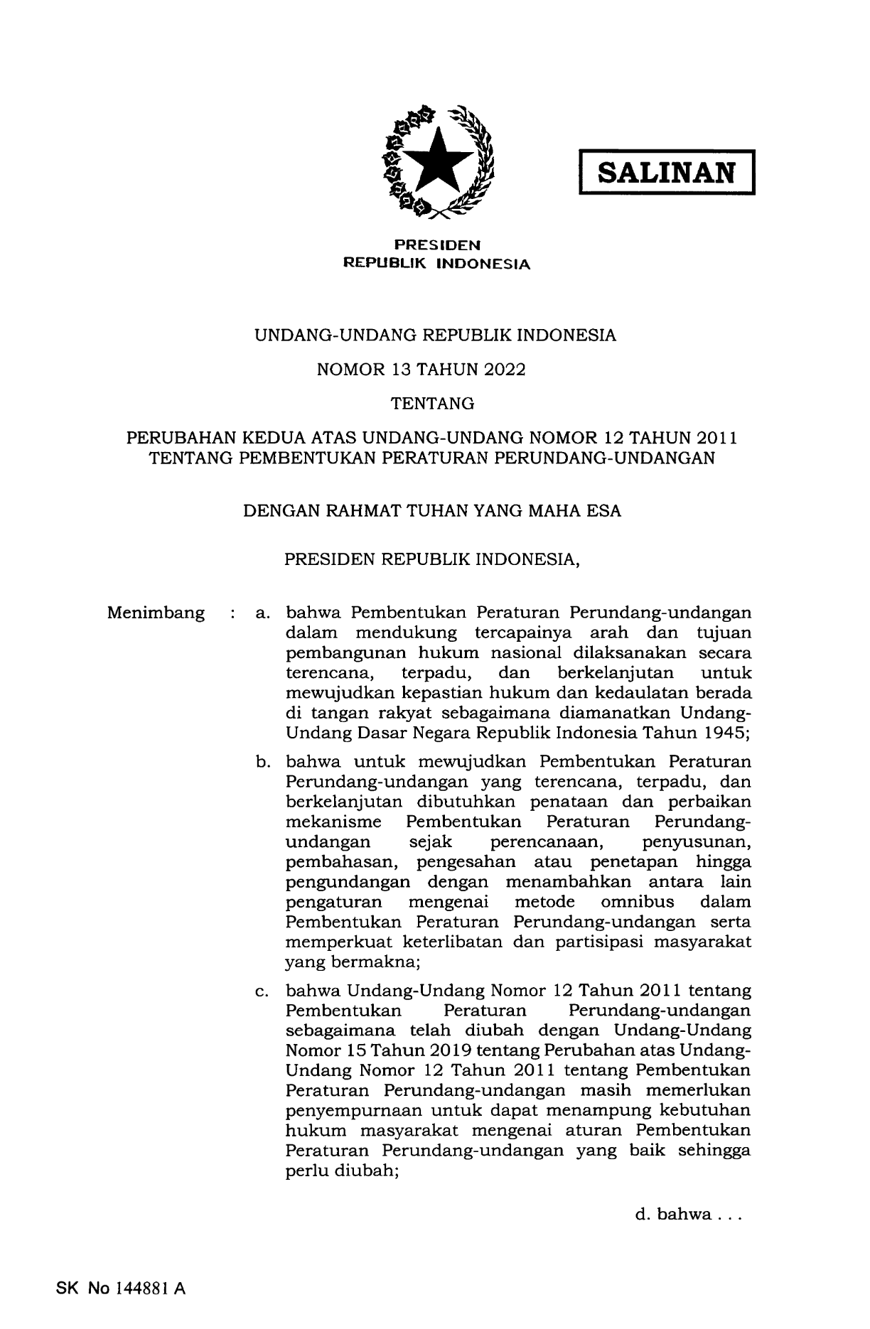 Undang-Undang Nomor 13 Tahun 2022