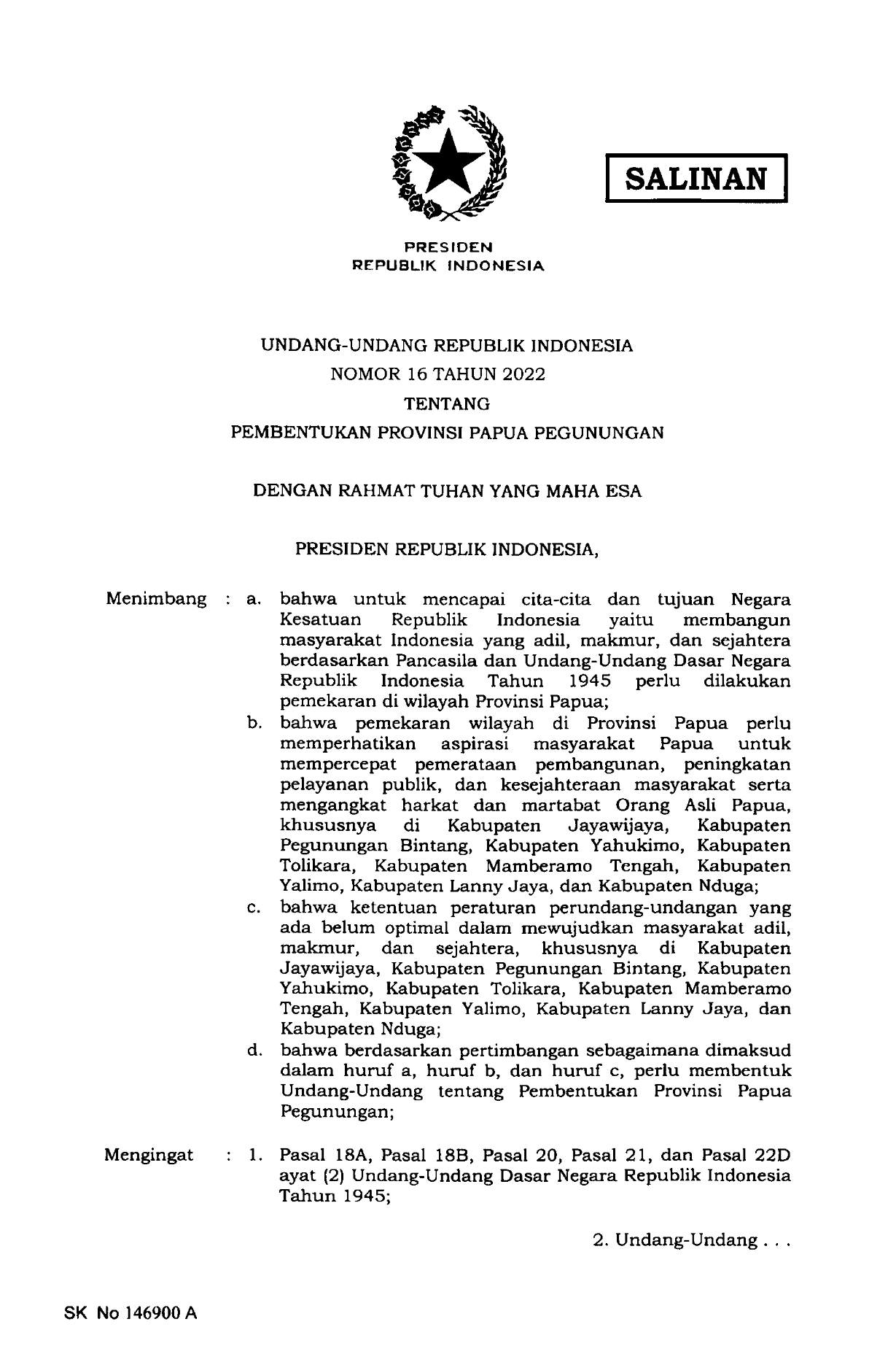 Undang-Undang Nomor 16 Tahun 2022