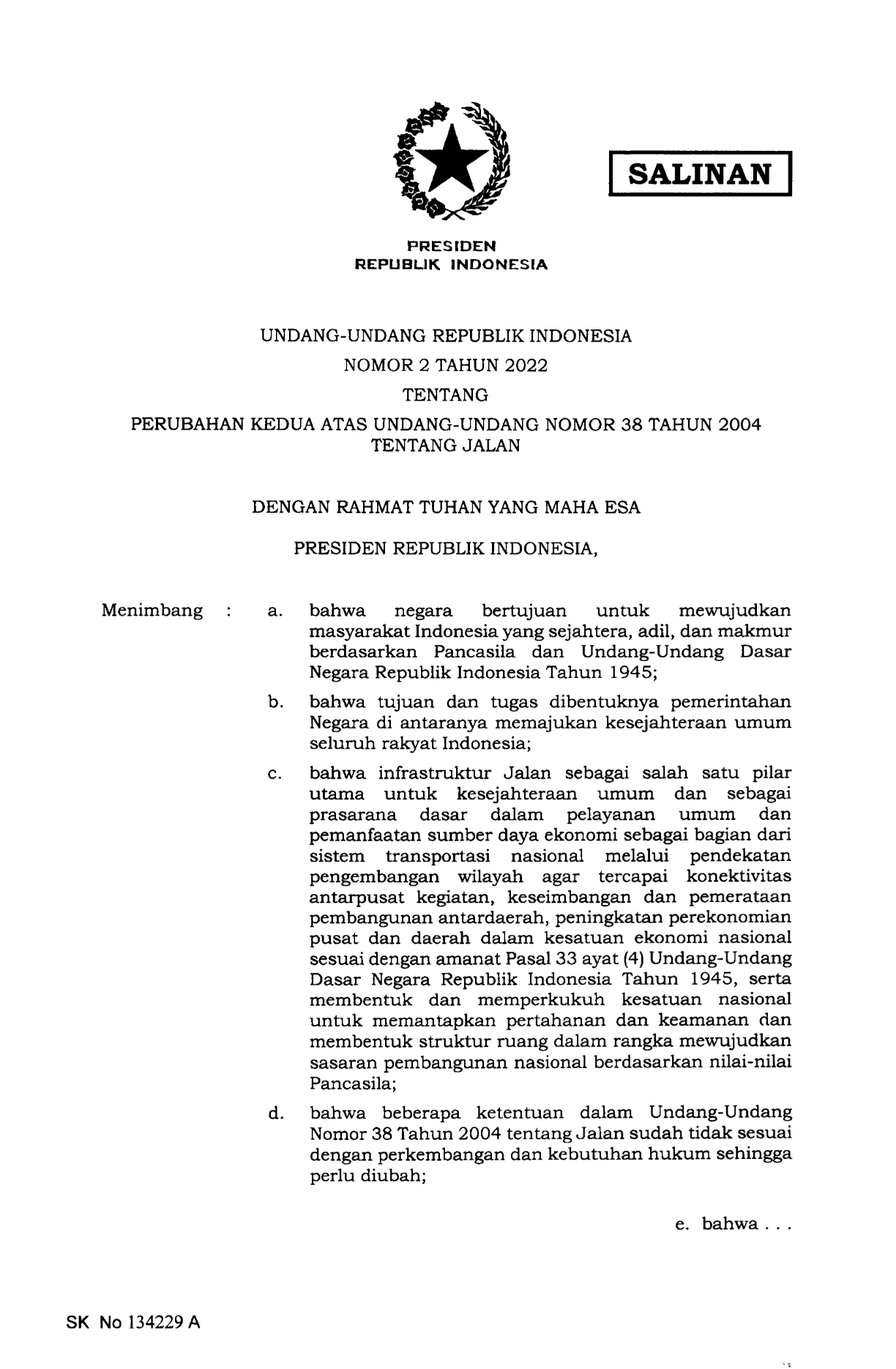 Undang-Undang Nomor 2 Tahun 2022