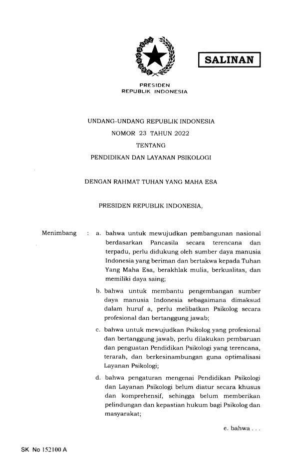 Undang-Undang Nomor 23 Tahun 2022