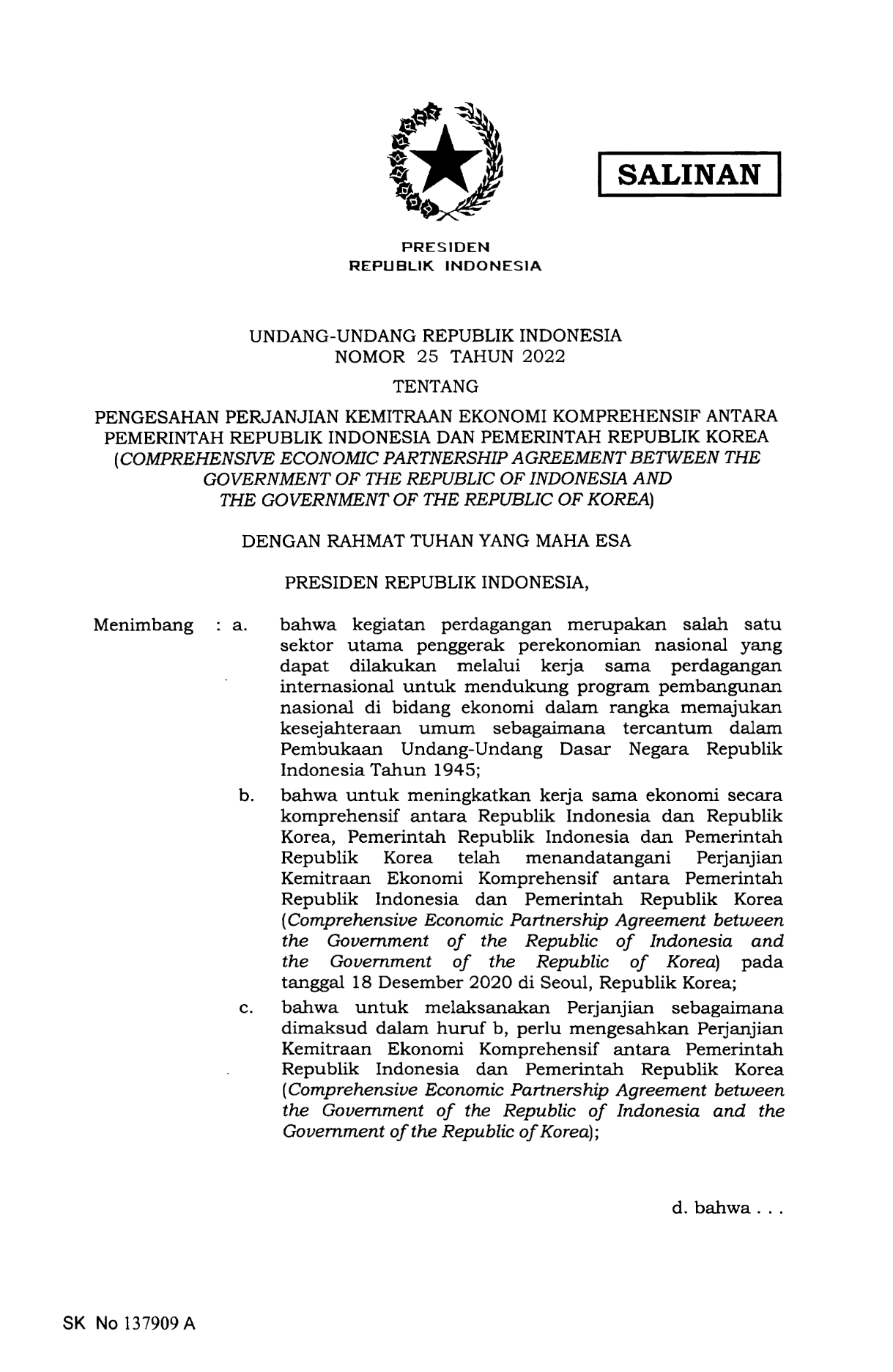 Undang-Undang Nomor 25 Tahun 2022